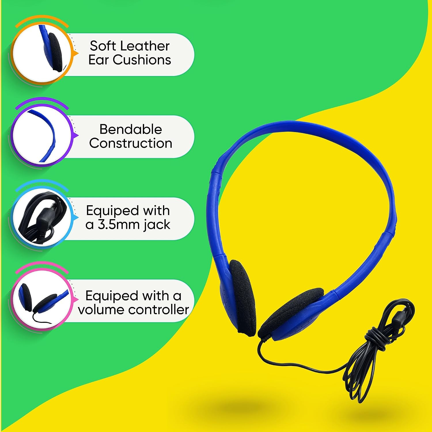 5 Pack Bulk Wired Headphones, on Ear with 3.5Mm Jack, 4Ft Tangle Free Cable