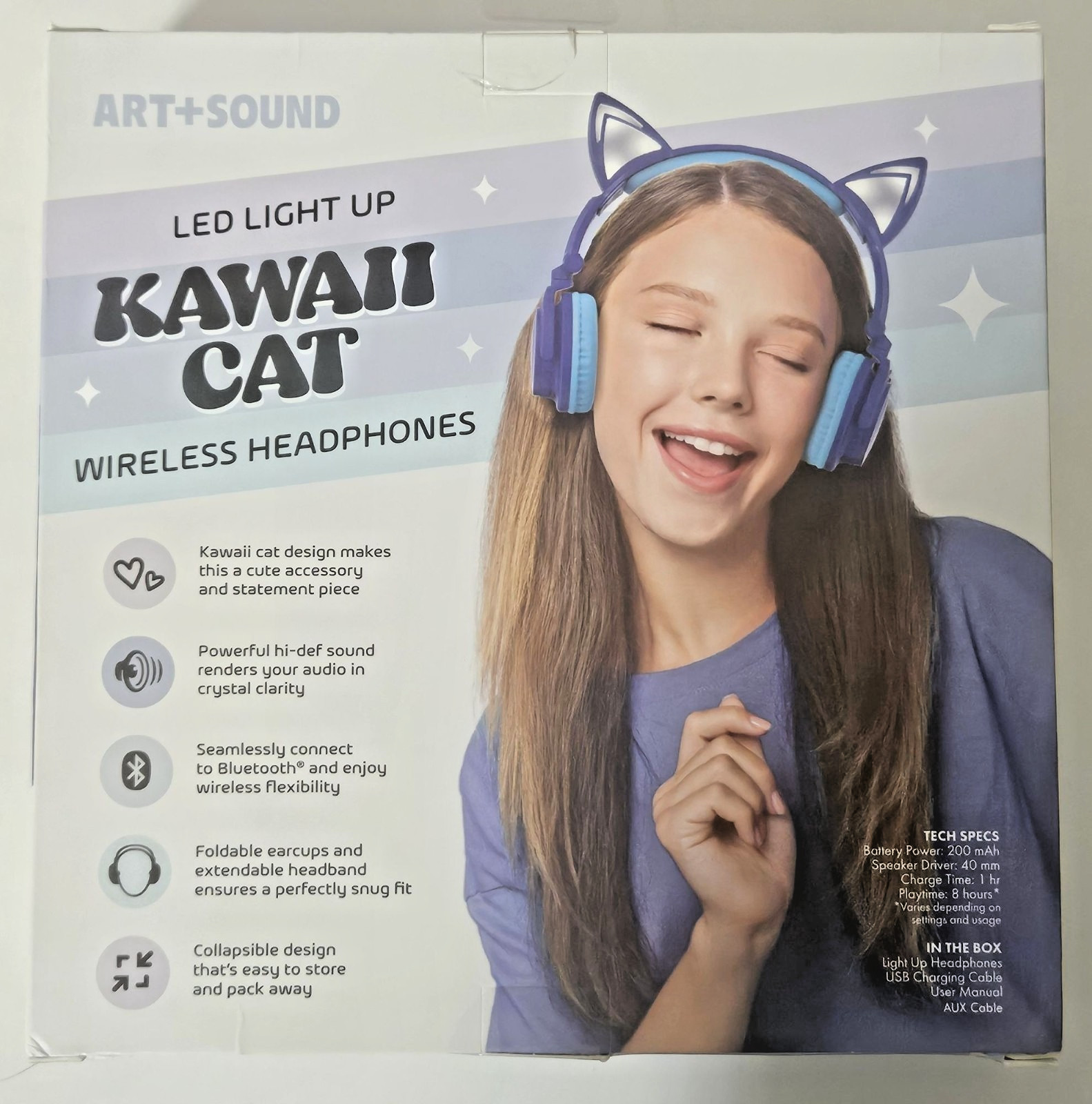 Art+Sound Kawaii Cat LED Light Up Bluetooth Headphones Kids Teen New Open Box