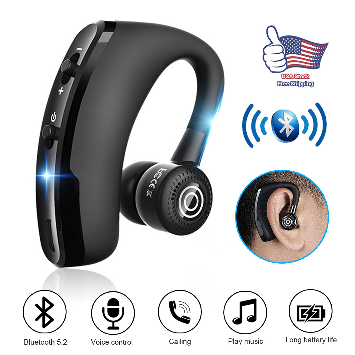 Trucker Wireless Headset Bluetooth 5.2 Earpiece Dual-Mic Earbud Noise Cancelling