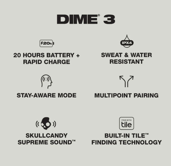 Skullcandy Dime 3 XT True Wireless In-Ear Earbuds- Black-(CR)