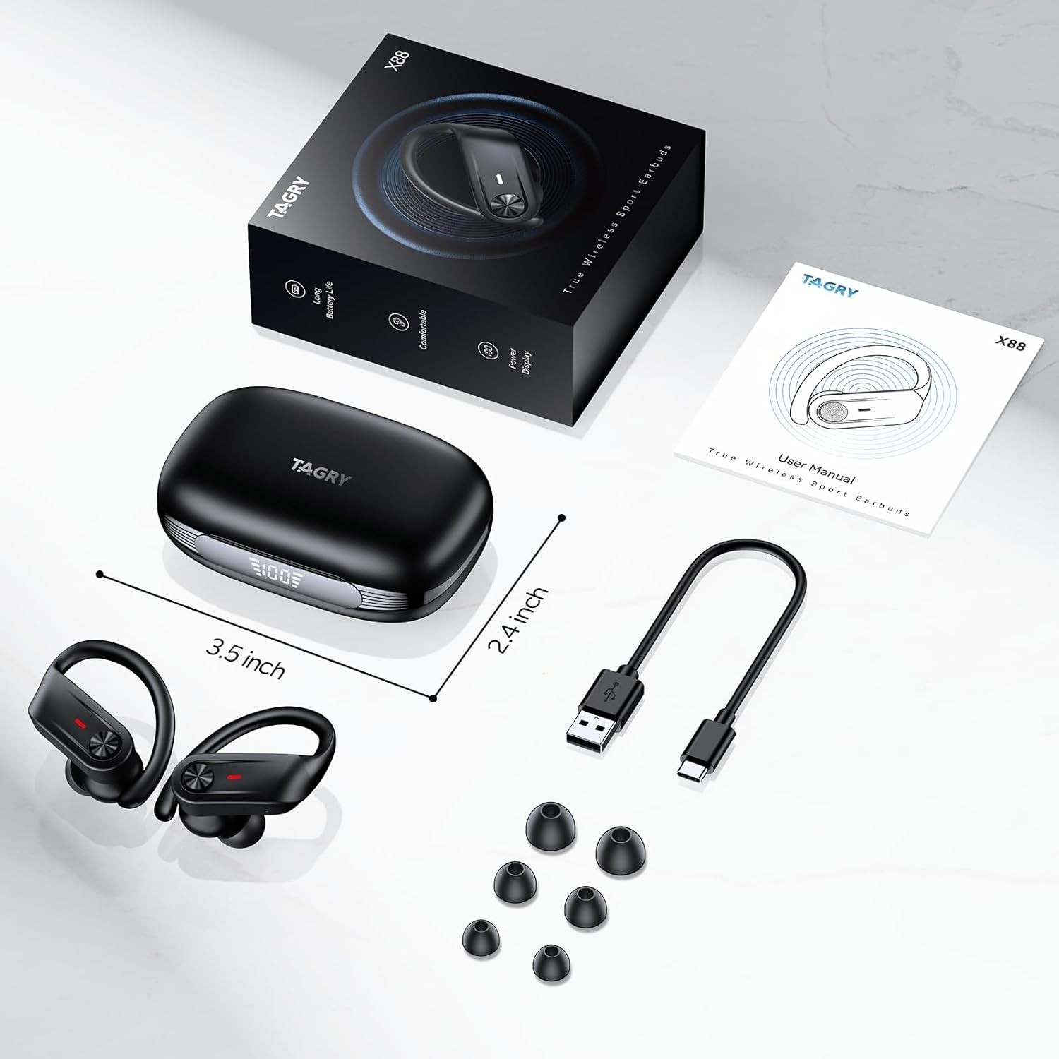 TAGRY X88 Hybrid Wireless Earbuds Active Noise Cancelling Waterproof – Black