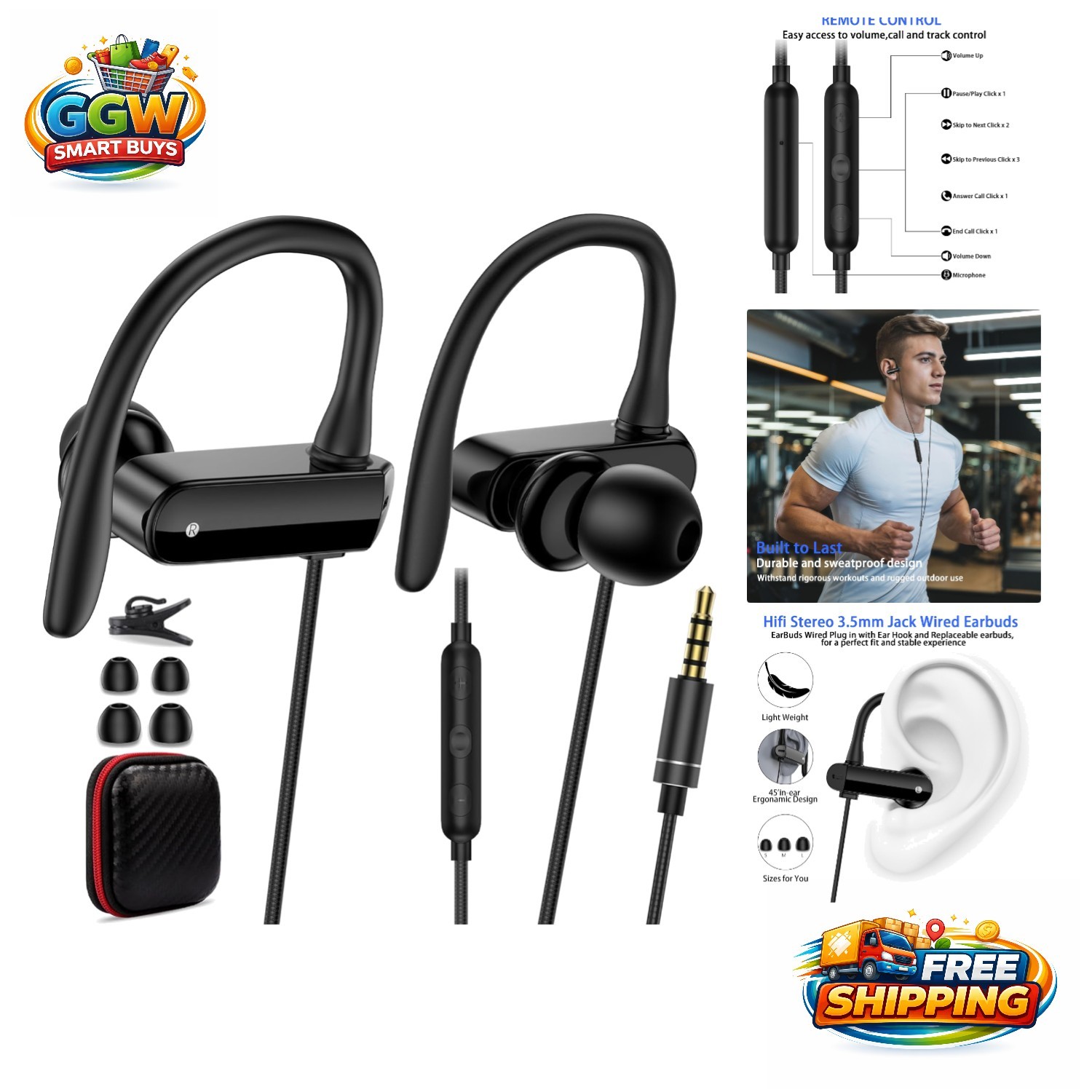Tangle-Free Wired Earbuds with Secure Ear Hooks & Volume Control for Fitness