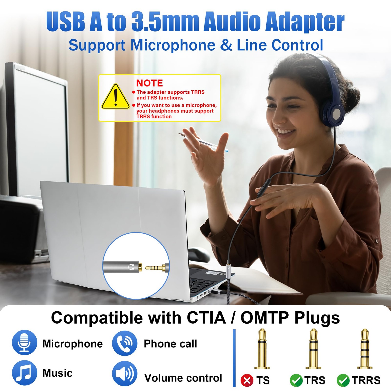 USB 3.0 Male to 3.5mm TRRS 4-Pole Female Headphone Jack Adapter, USB-A to Aux Au