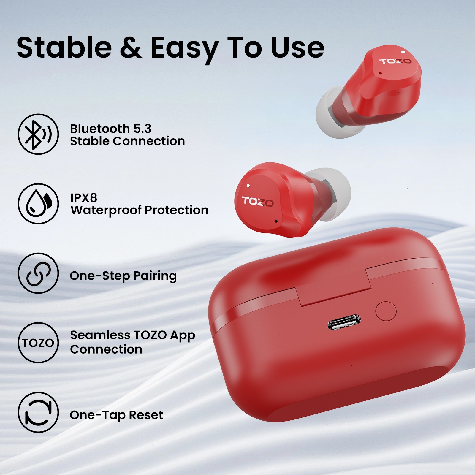 TOZO NC9 Hybrid Active Noise Cancelling Wireless Earbuds, Red | Refur