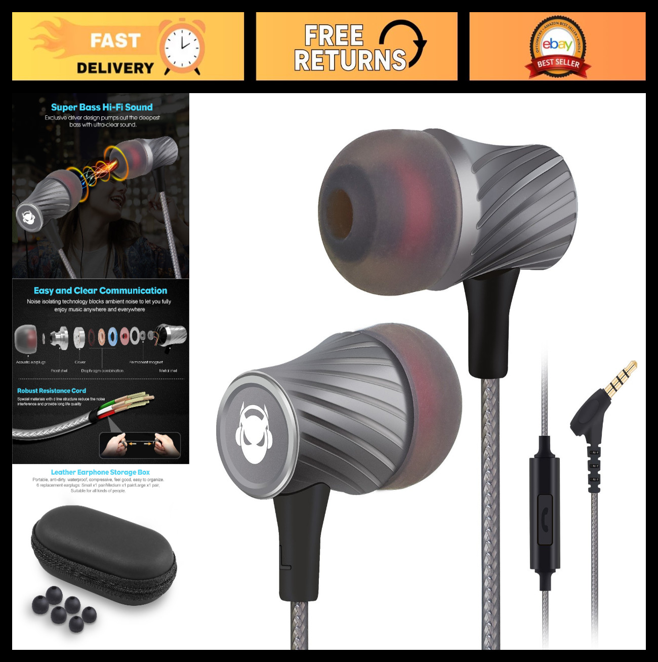 Wired Earbuds with Microphone | Super Bass Noise Cancelling In-Ear Headphones fo