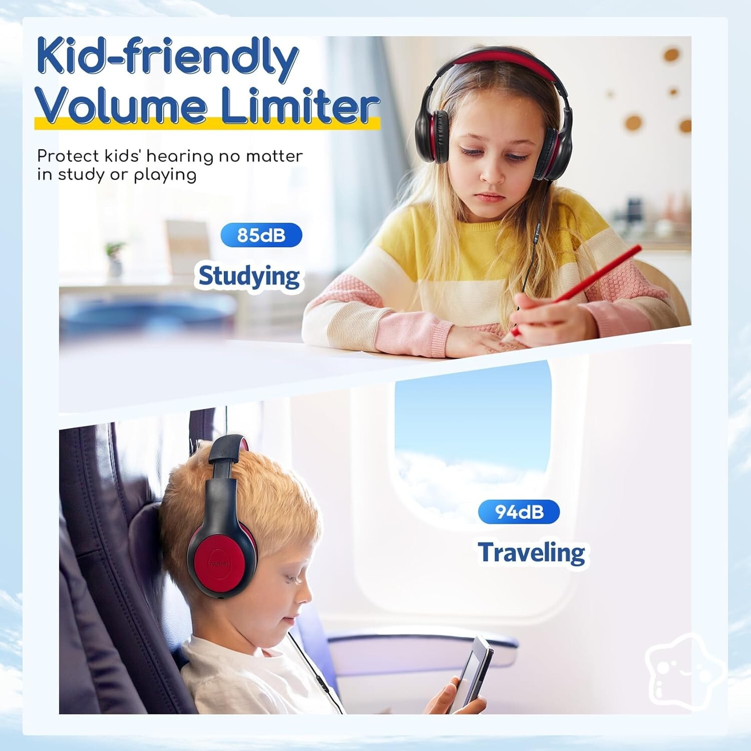 Kids Headphones Wired with Microphone 85dB Volume Limit Shareport Stereo Sound