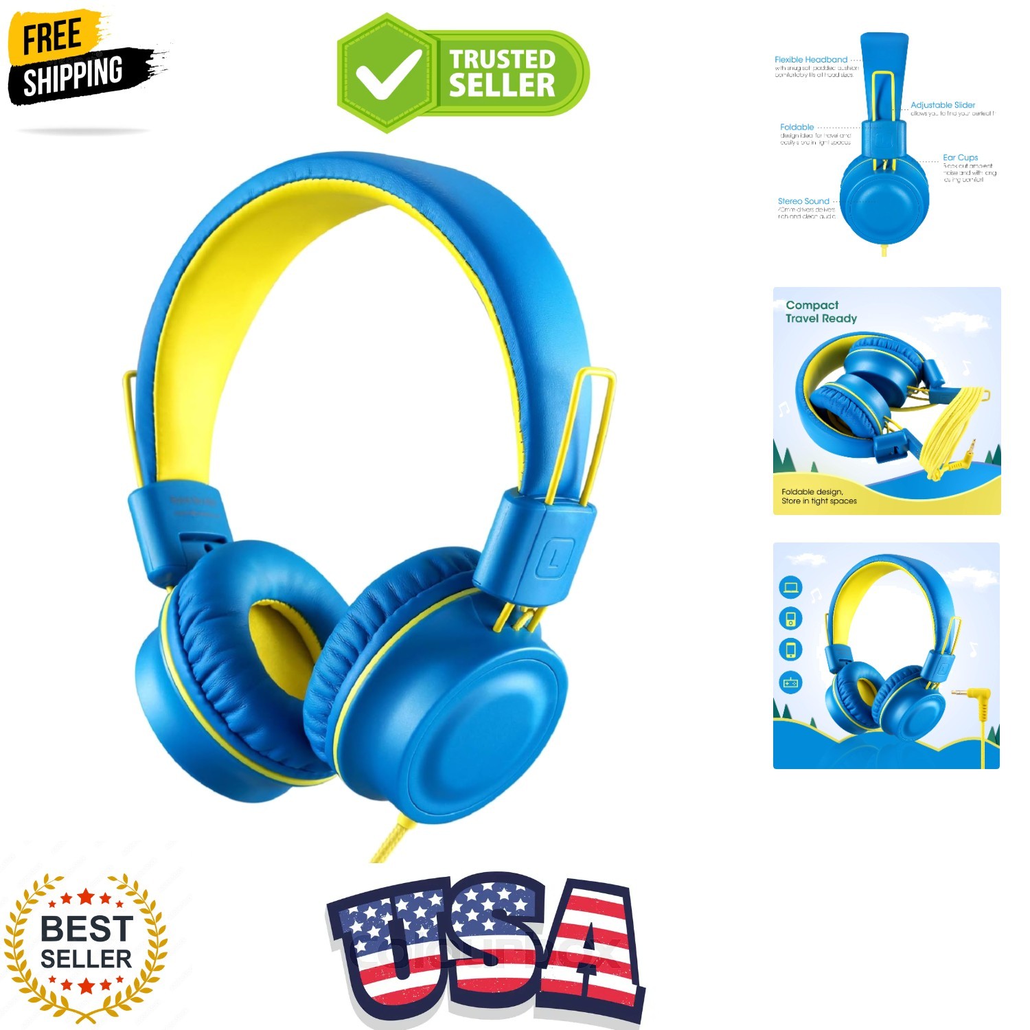 Kids Headphones- K33 Foldable Stereo Tangle-Free 5ft Long cord 3.5mm Jack Plu…