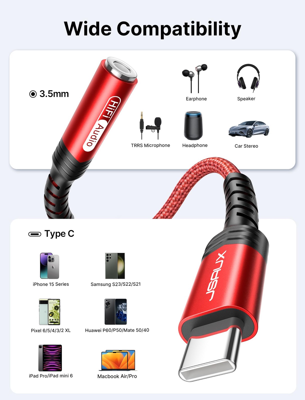 JSAUX USB C to 3.5mm AUX Audio Adapter for iPhone 17/15, Galaxy S25, Red | Smart