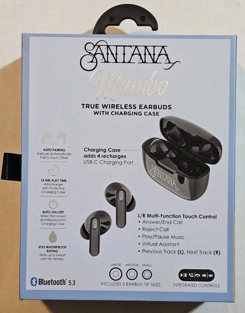 Carlos Santana Mambo Black True Wireless Earbuds + Charging Case BT 5.3 IPX5