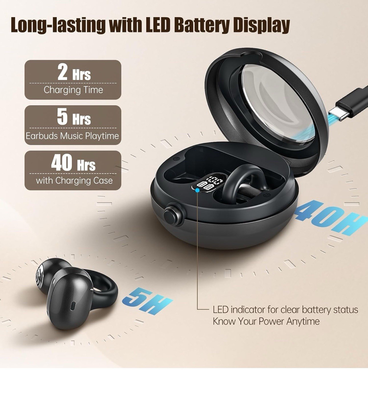 T18 Bluetooth Ear-Hook Clip-On Wireless Earbuds w/ LED Case, Mic, Touch, Black