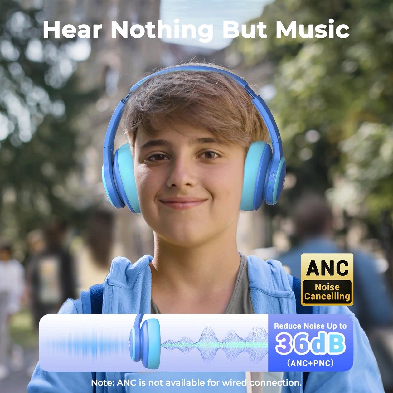 iClever BTH26 Blue Wireless Bluetooth Headphone Active Noise Cancelling Over-Ear