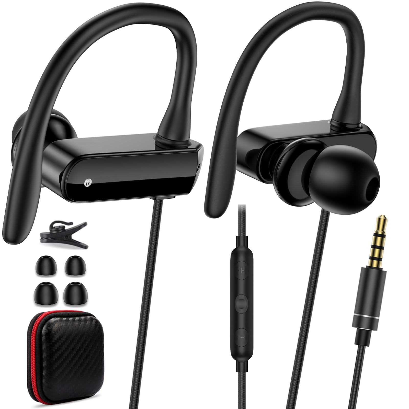 Wired Over Ear Earbuds with Microphone Hook,3.5mm Sport Headphones Black