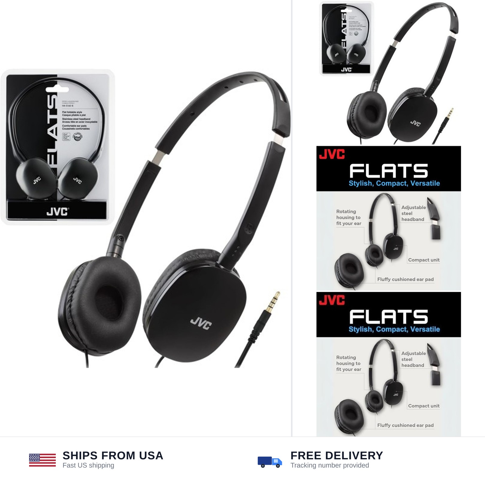 JVC Flats On-Ear Wired Headphones – Flat Foldable Design – 30mm Driver for Po…