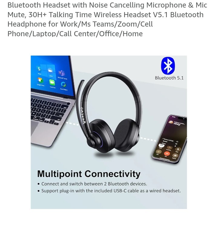 Wireless Blue Headset Noise-Canc Microph Bluetooth Computer/Cell Phone/Laptop