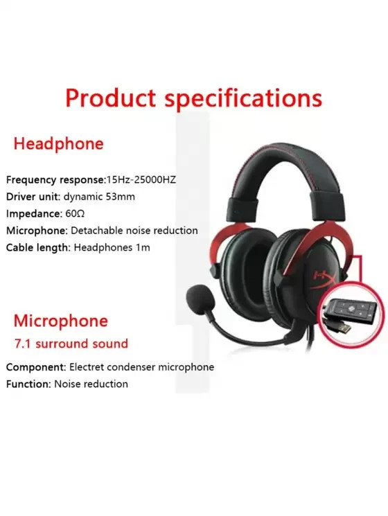 Red HyperX Cloud II Wired Gaming Headset with 7.1 Virtual Surround USB Control