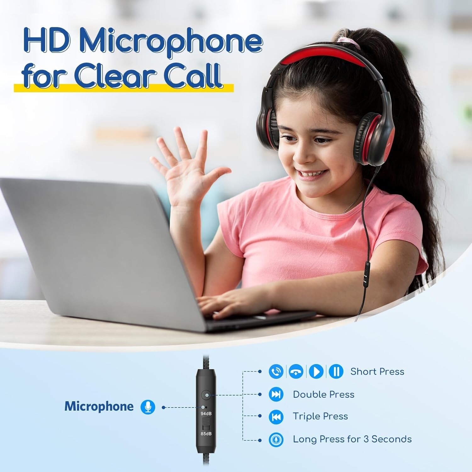 Kids Headphones Wired with Microphone 85dB Volume Limit Shareport Stereo Sound