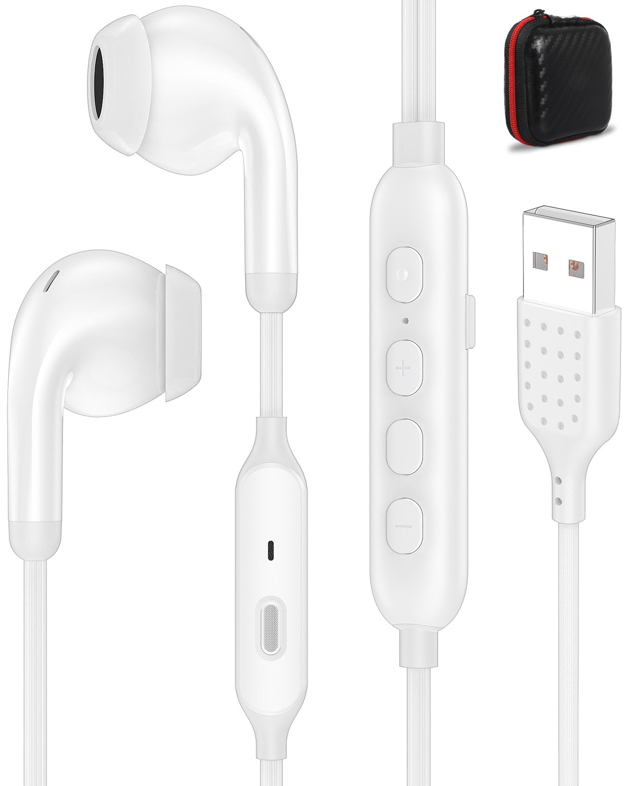 USB A Earbuds with Microphone Mute Button PC Laptop Headphones, 3 EQ White