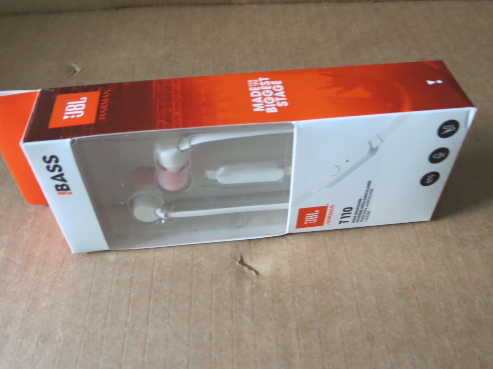 JBL T110 Harman Kardon Pure Bass Tangle Free In-ear Headphones/Mic (White)NEW