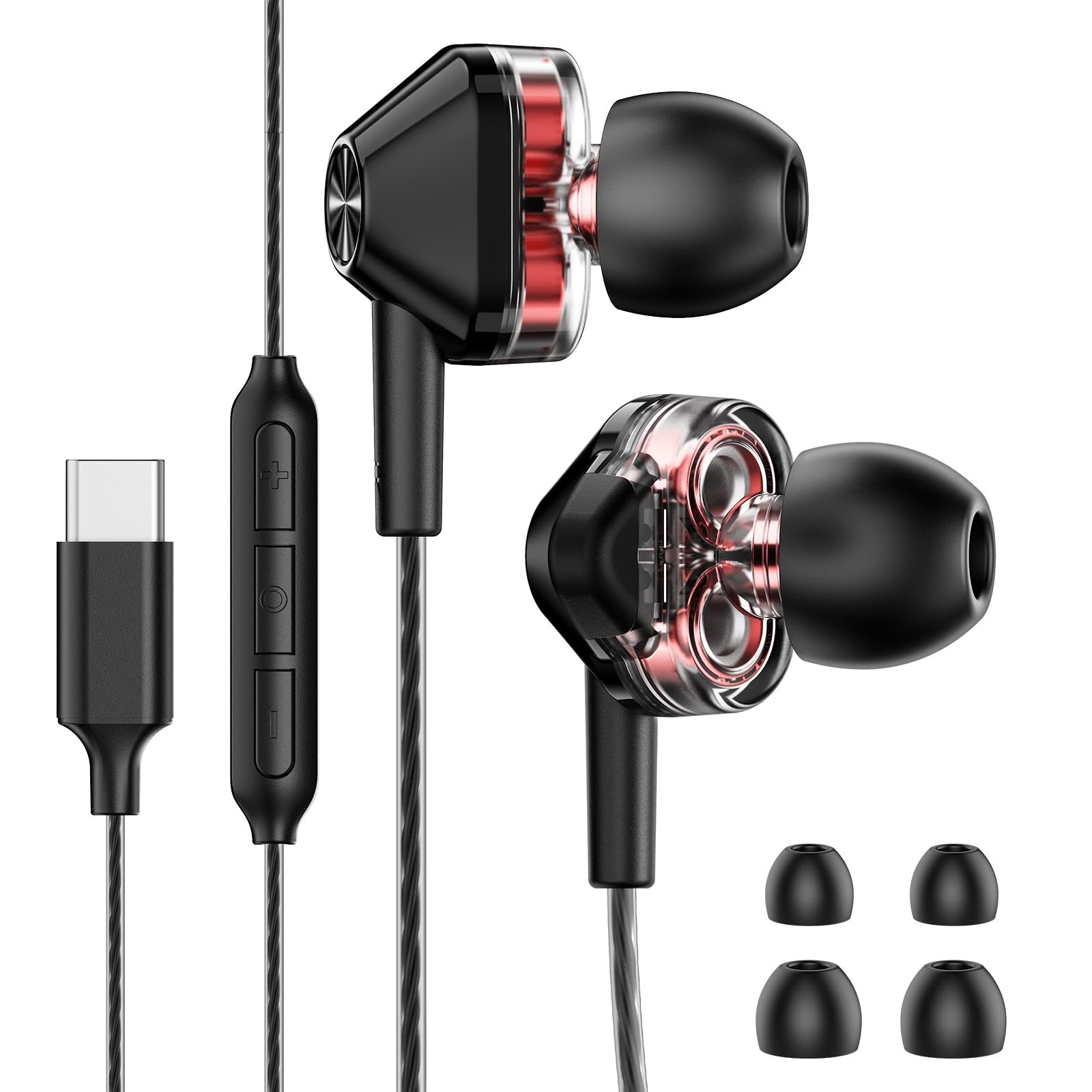 Hi-Fi USB-C Wired In-Ear Earbuds with Mic, Dual Driver, Noise Isolating, Deep Ba