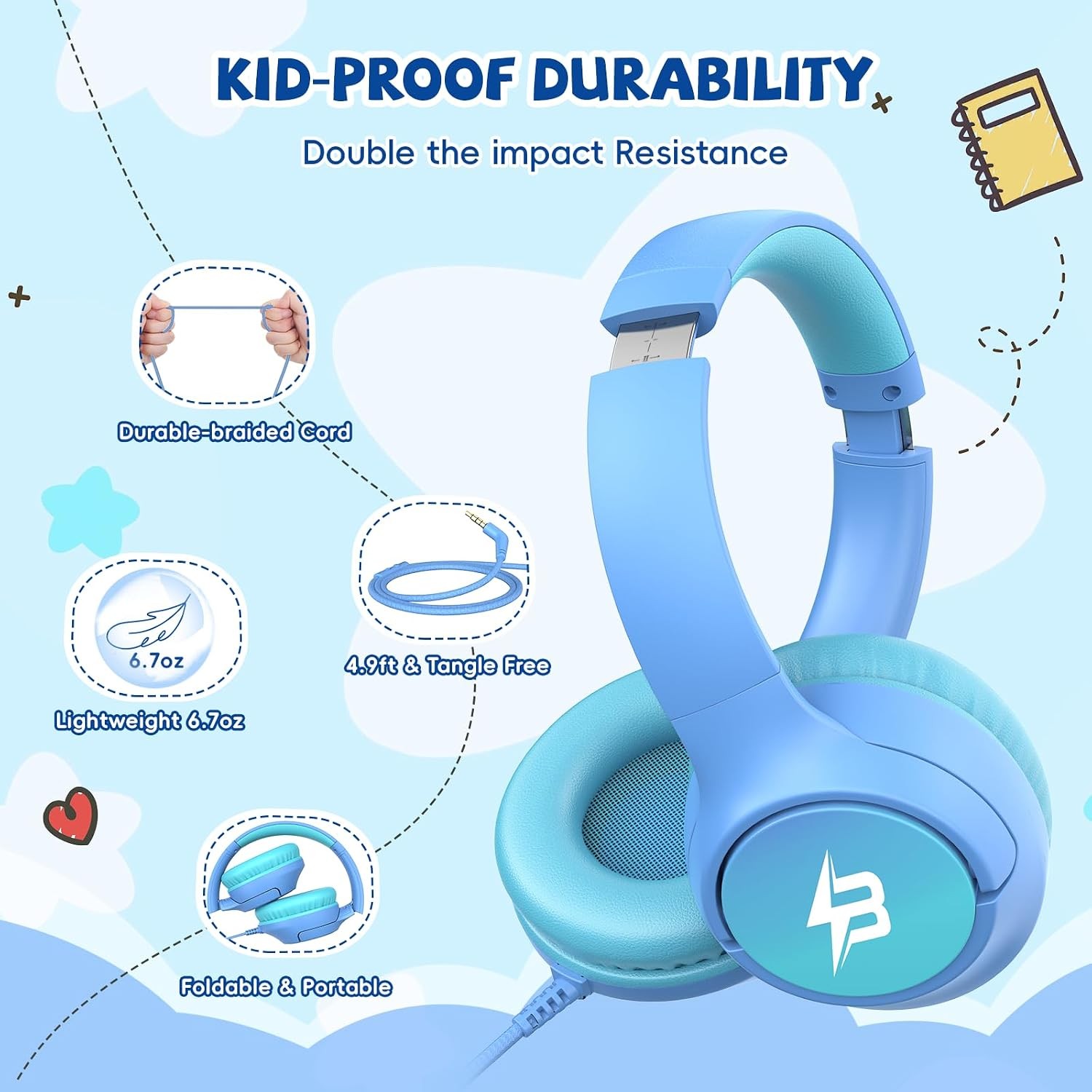 Wired Headphones for Kids for School, 3.5mm Cord 85/94dB Volume, Light Blue | Ov