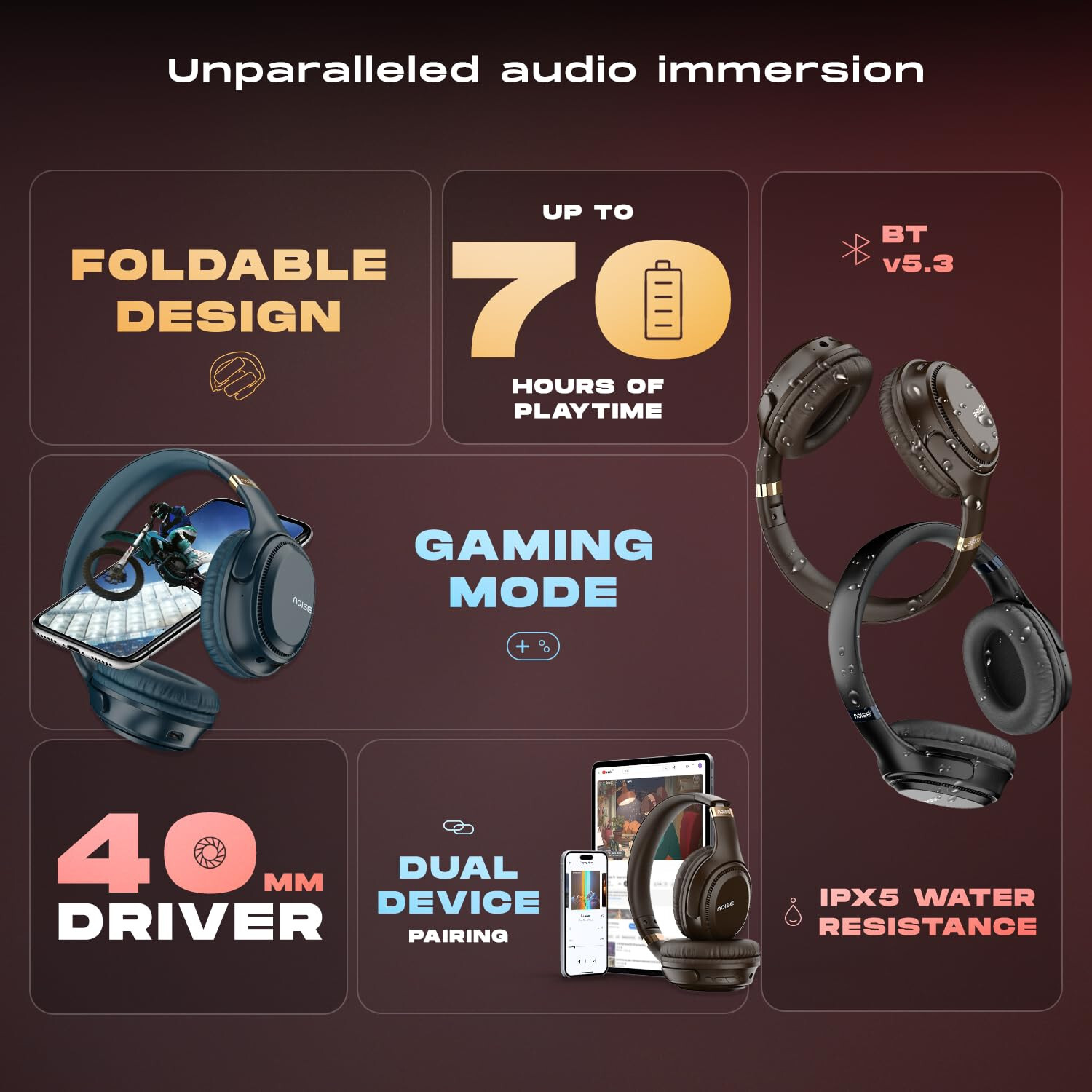 Noise 3 Wireless On-Ear Headphones with 70H Playtime,40mm Driver,up to 45ms,New,