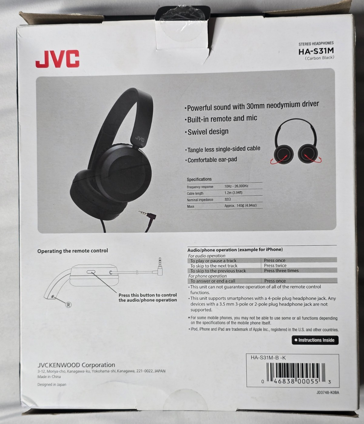 JVC Wired Over-Ear Headphones Powerful Sound Lightweight Black New Open Box