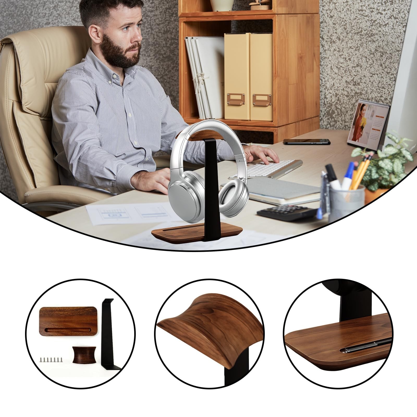 Walnut Wood Headphone Stand,Headphone Rack with Storage Base Plate,Headphones…