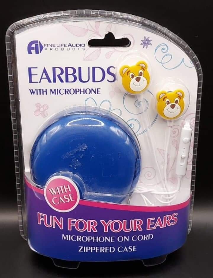 NEW Fine Life Audio TEDDY BEAR EARBUDS with MICROPHONE & ZIPPER CASE