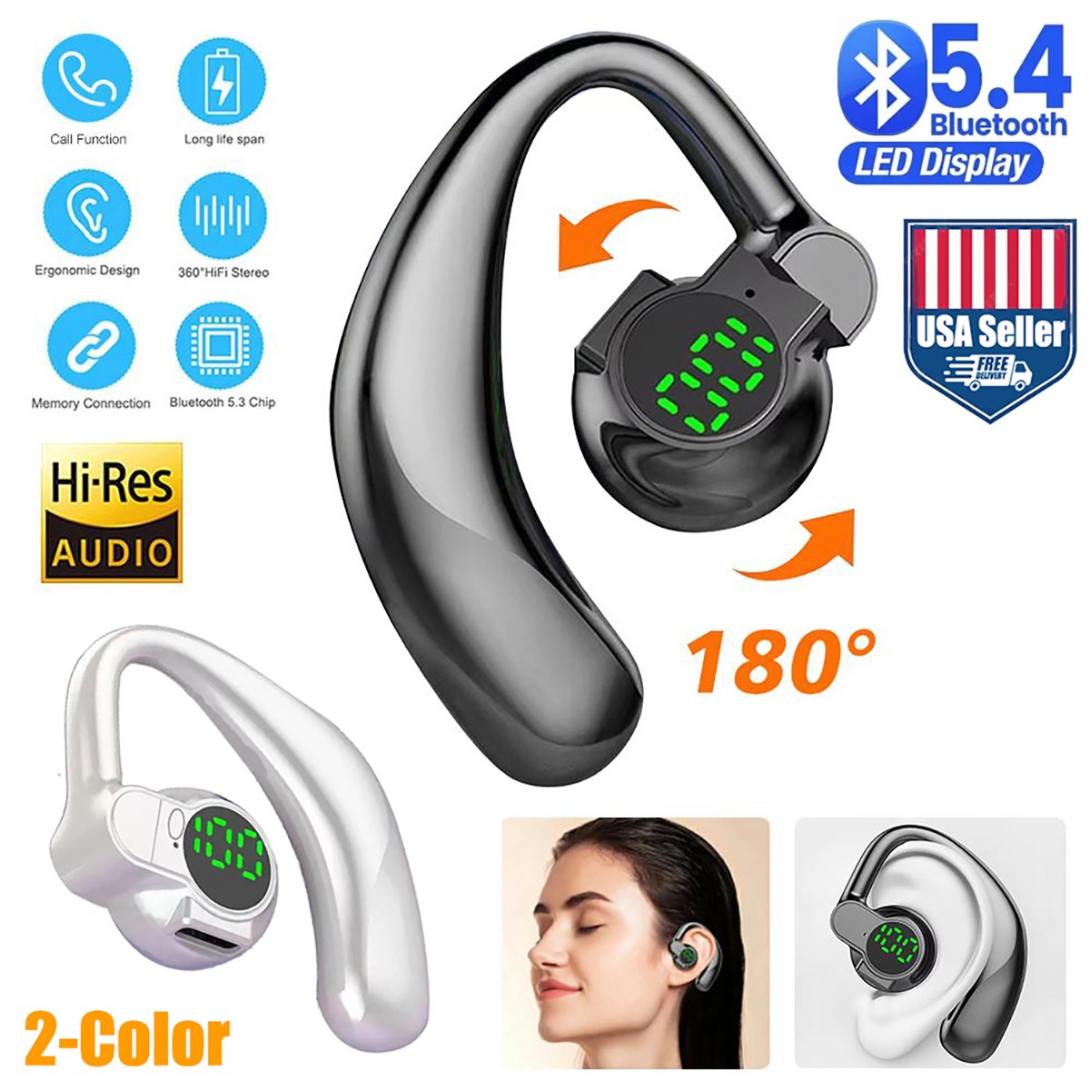 180° Rotatable Bluetooth 5.4 Wireless Headphones Digital Display Sport Headset