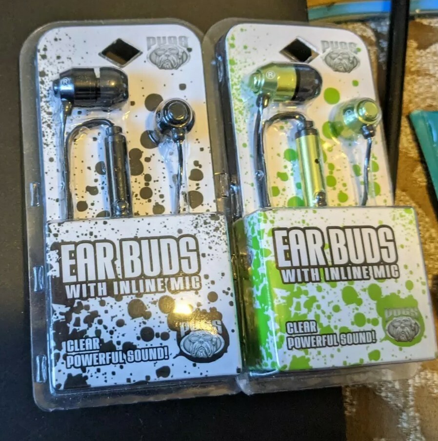 LOT 3 NEW PUGS EAR BUDS WITH INLINE MICROPHONE METALLIC BLUE-TEAL EXTRA EAR BUDS
