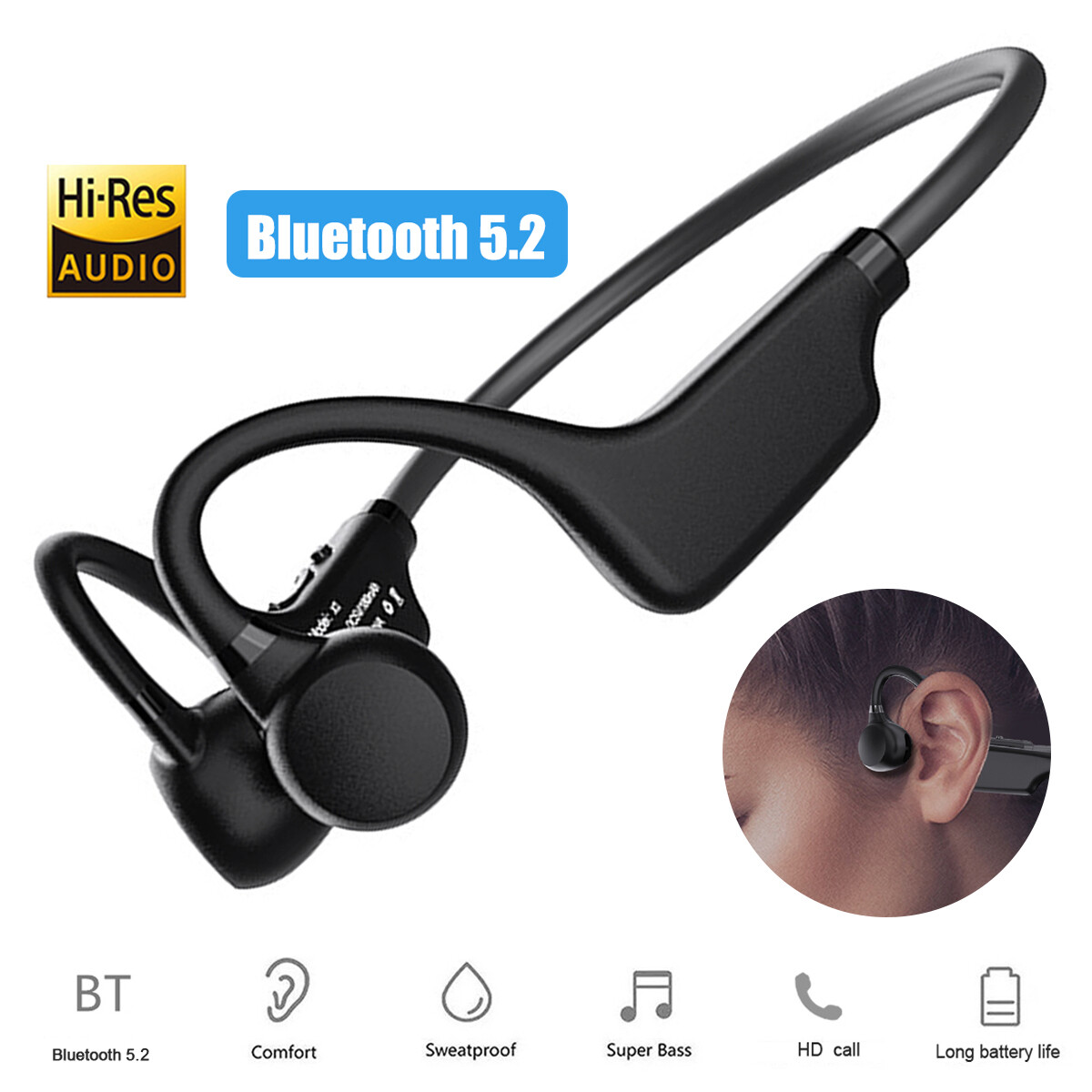 Bone Conduction Headphones induction 5.3 Open Ear Headphones IPx5 Waterproof A+