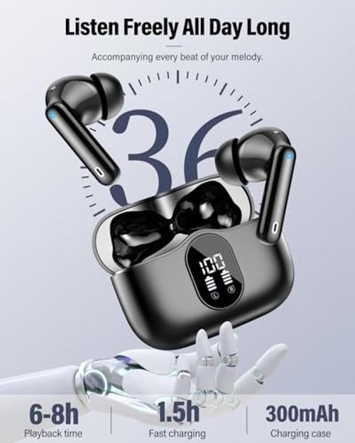 Wireless Earbuds, Bluetooth 5.4 Headphones Bass Stereo, Ear Buds with Black