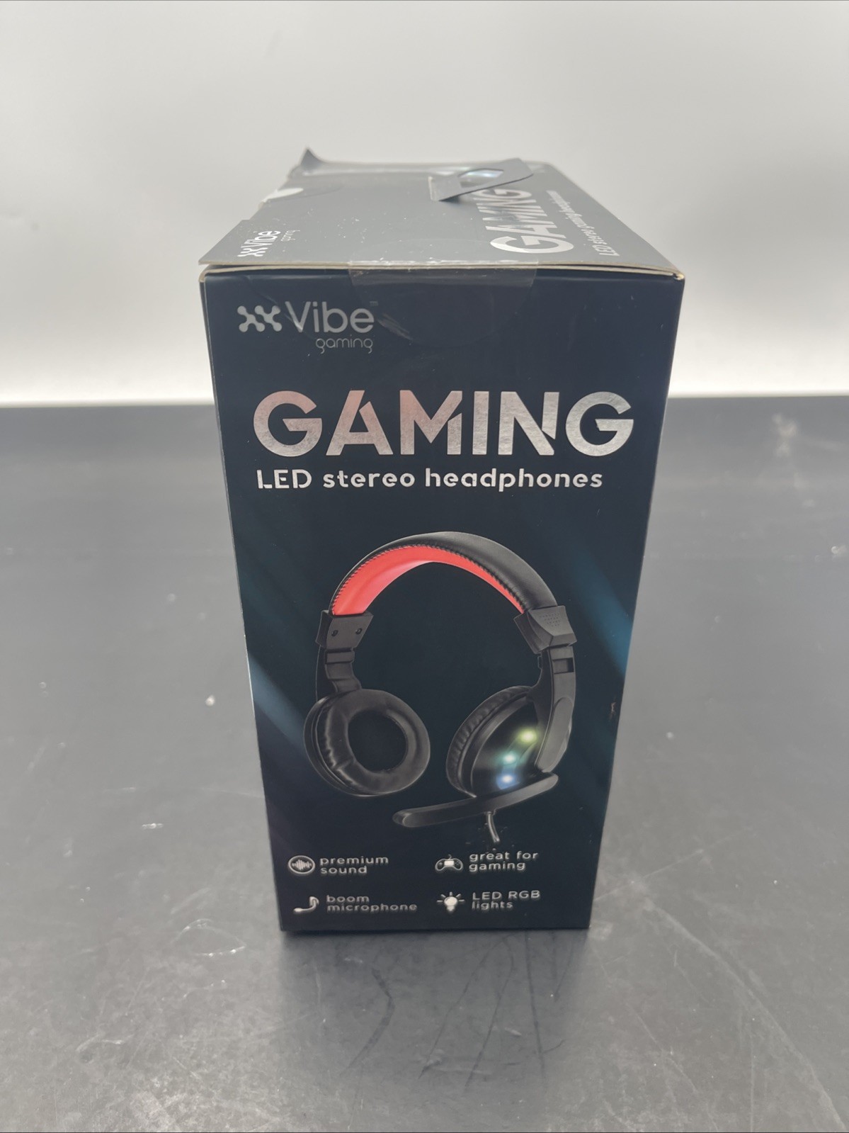 Vibe Gaming LED Stereo Headphones RGB Lights Boom Mic PC Adapter Black Red