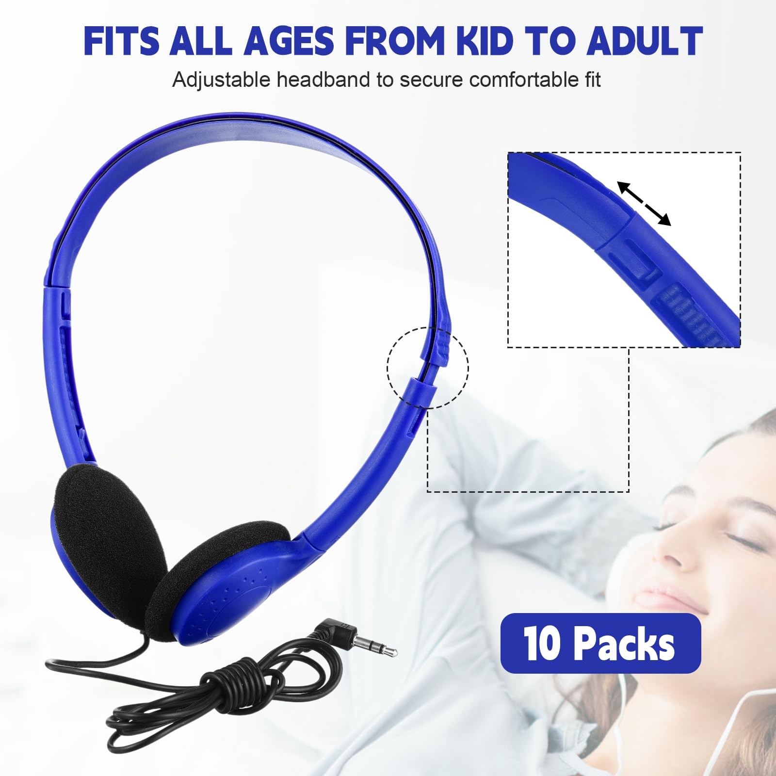 10 Pack Classroom Kids Wired Headphones Bulk Set 3.5mm Jack Dark Blue Adults