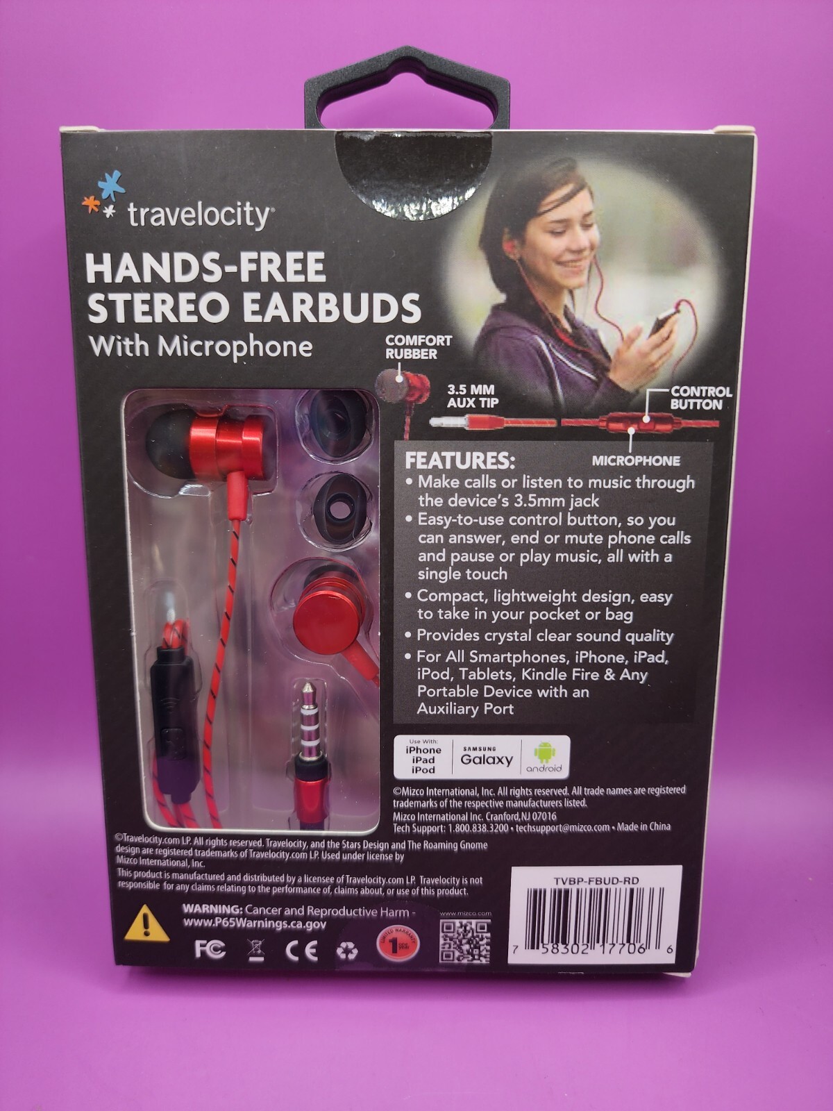 Travelocity Platinum Series Hands-Free Stereo Earbuds with Microphone – Red