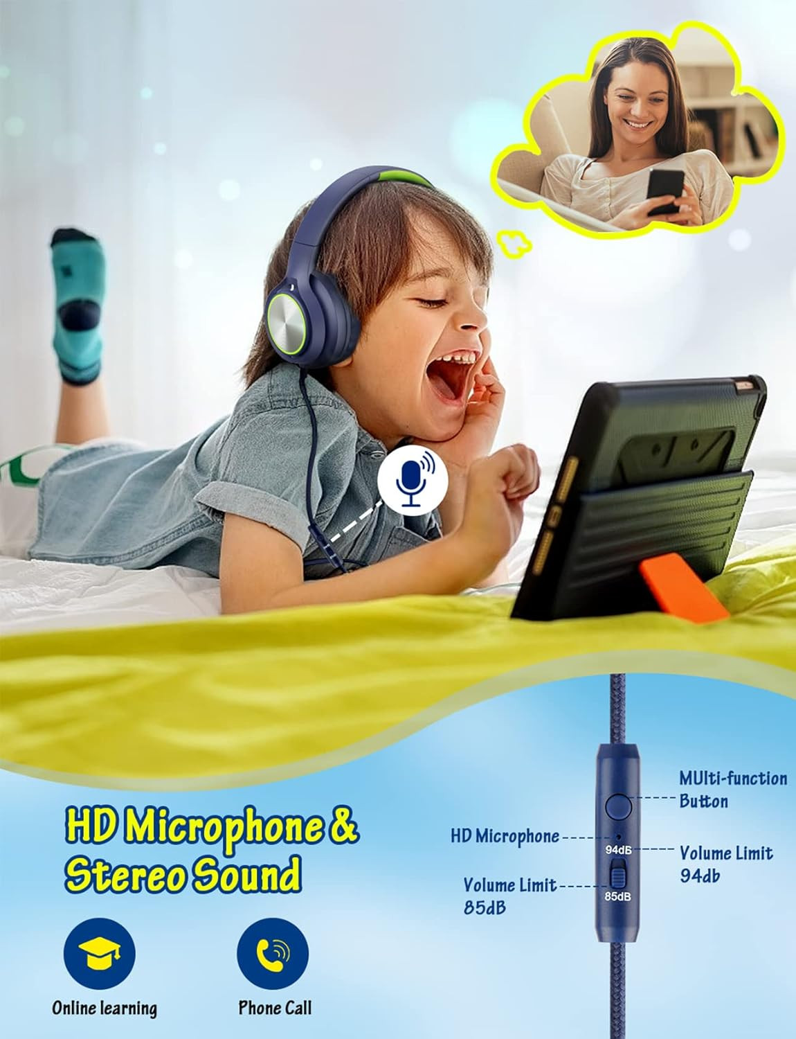 Kids Headphones with Cord , Wired over Ear Headsets with Microphone Limited Volu