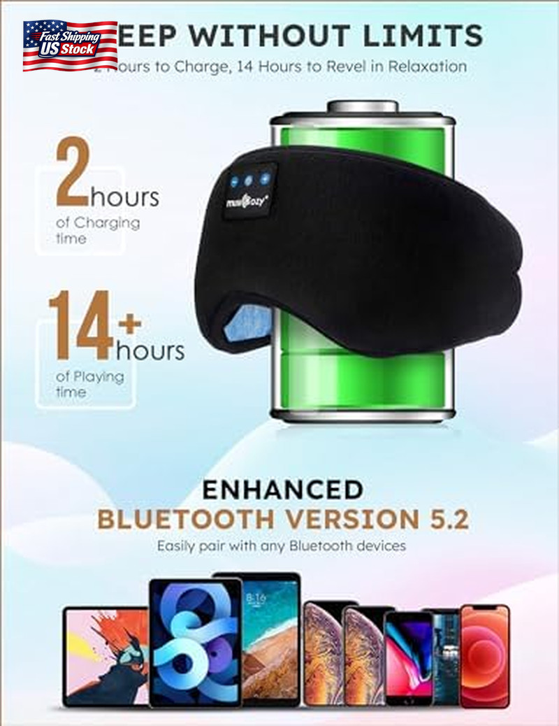 MUSICOZY Sleep Headphones Bluetooth 5.2 Headband Sleeping Headphones Sleep Mask,