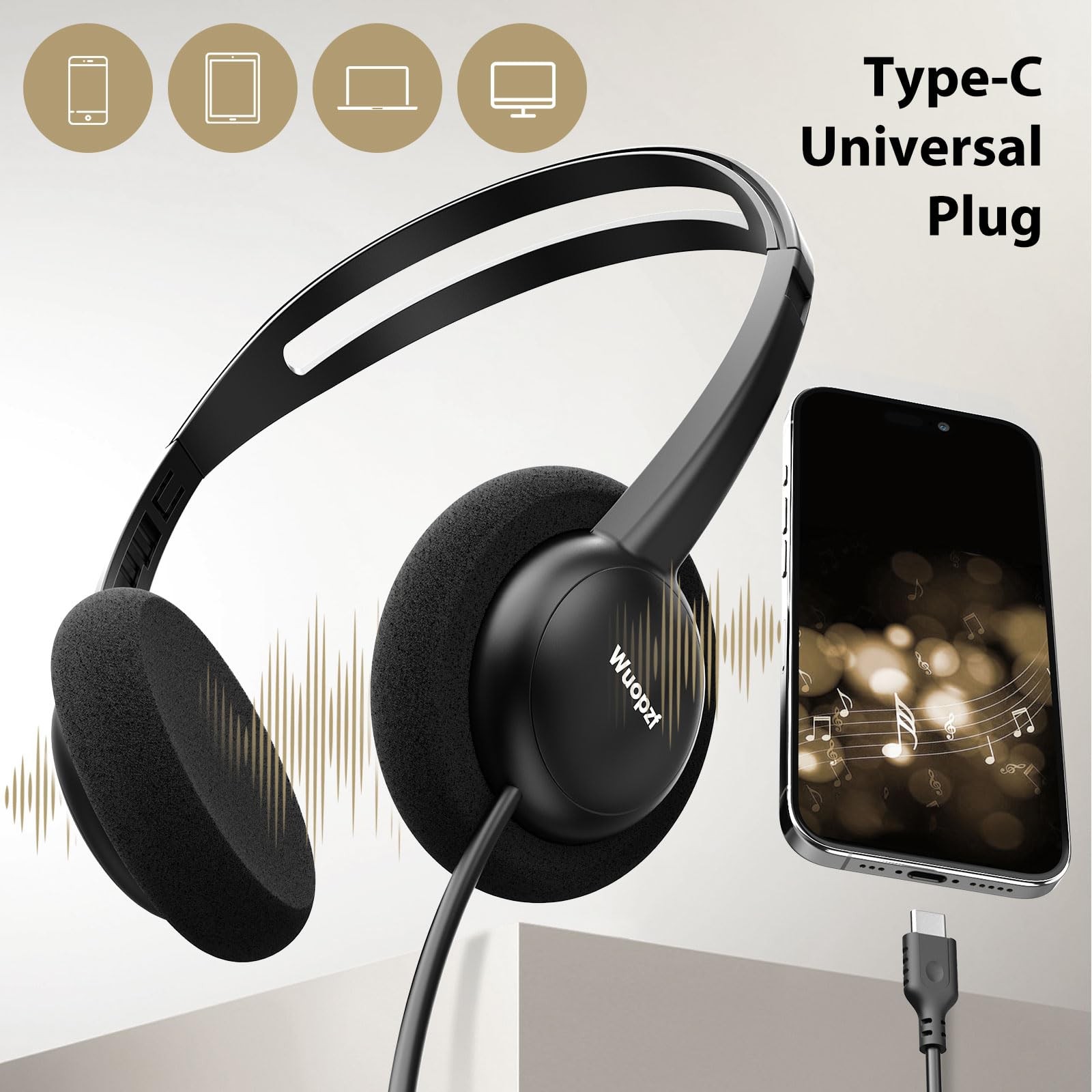 USB-C Wired on-Ear Headphones with Microphone & in-Line Control, Comfort Foam…