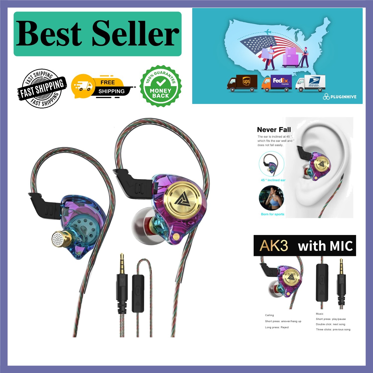 Ergonomic Wired Gaming Earbuds with Active Noise Cancellation – Purple Design