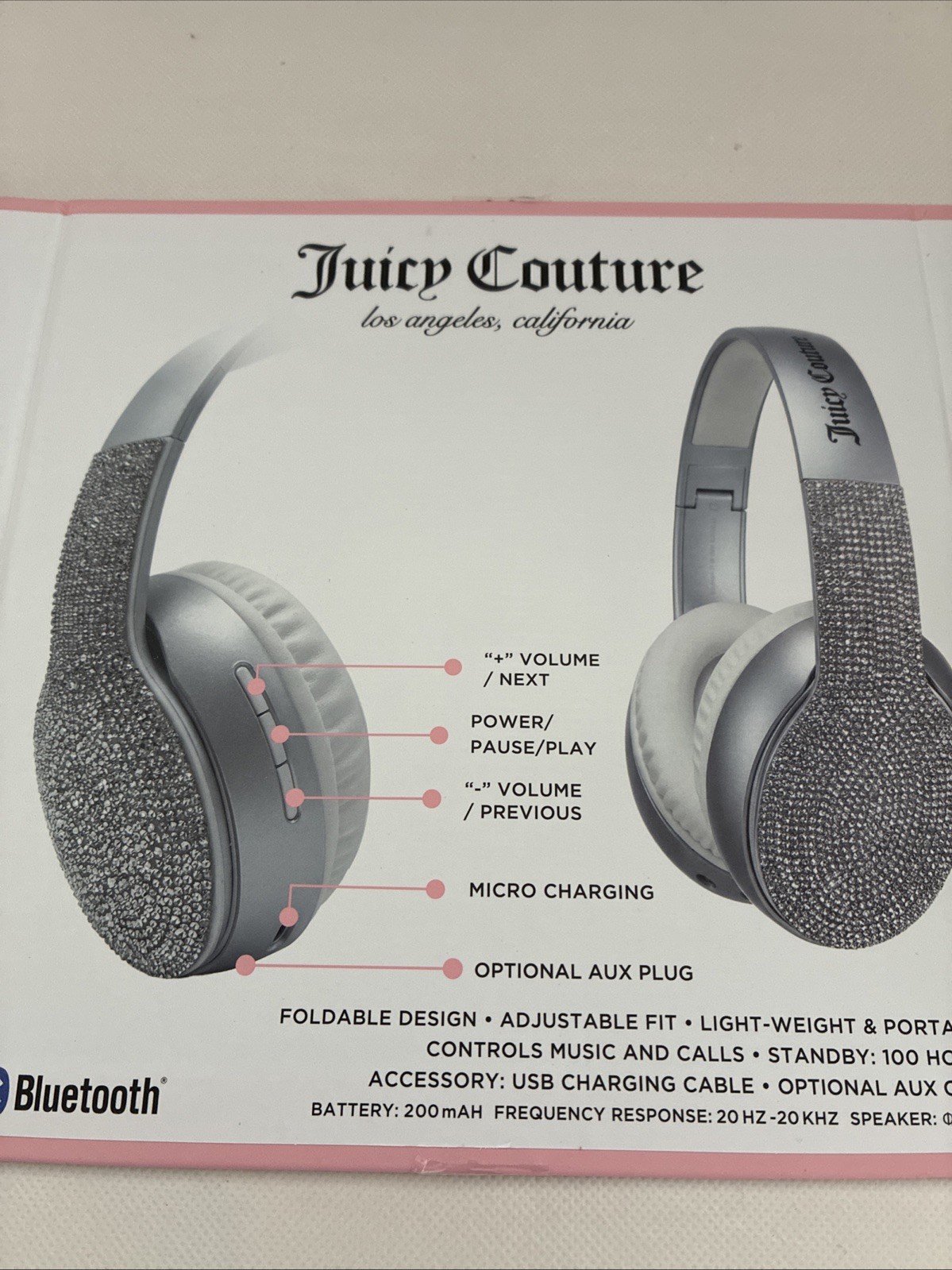 New Juicy Couture Bling Silver Grey Rhinestone Wireless Headphones