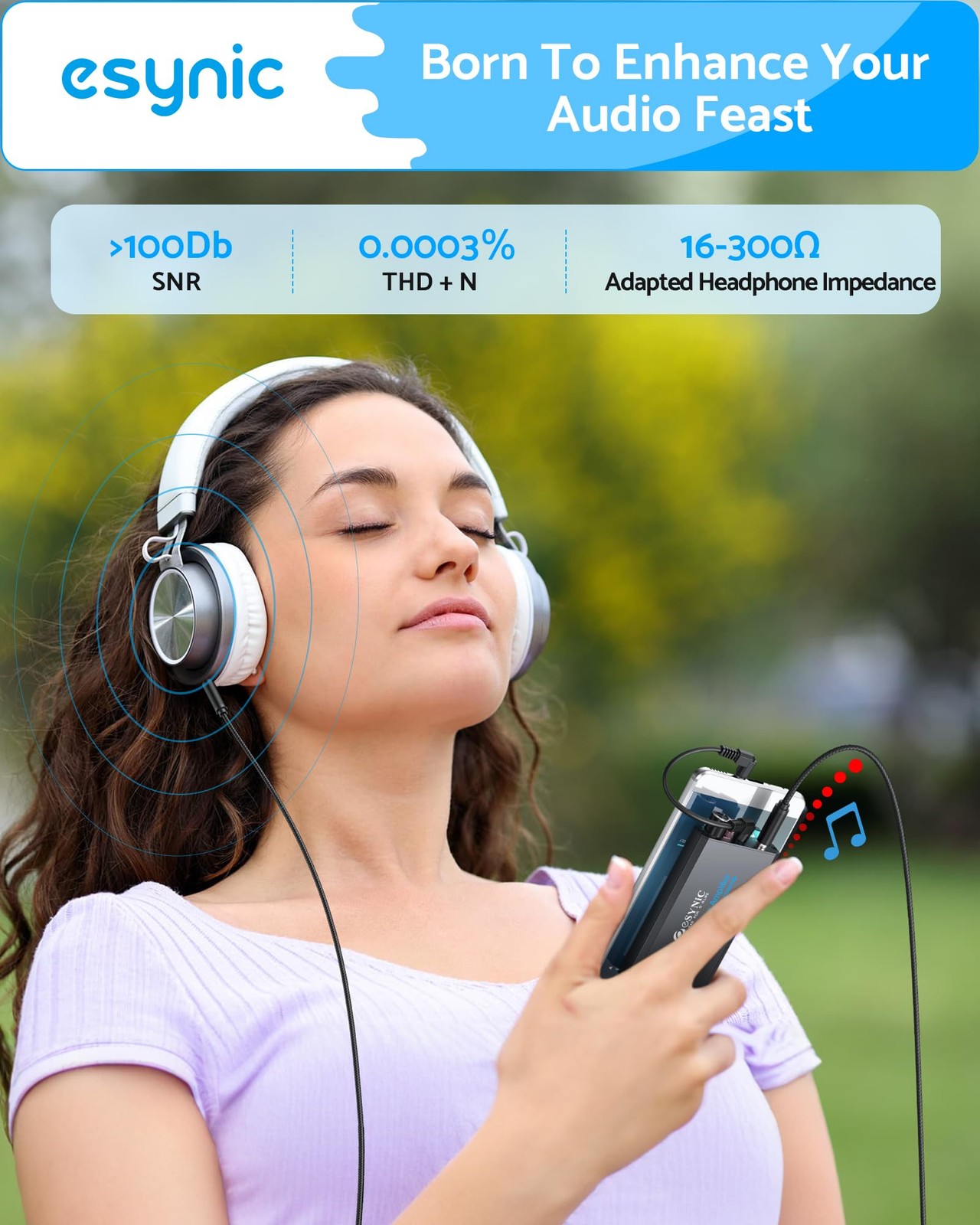 eSynic Pro Bass Boost Headphone Amplifier Rechargeable 16-300Ω Portable Hi-Fi Au
