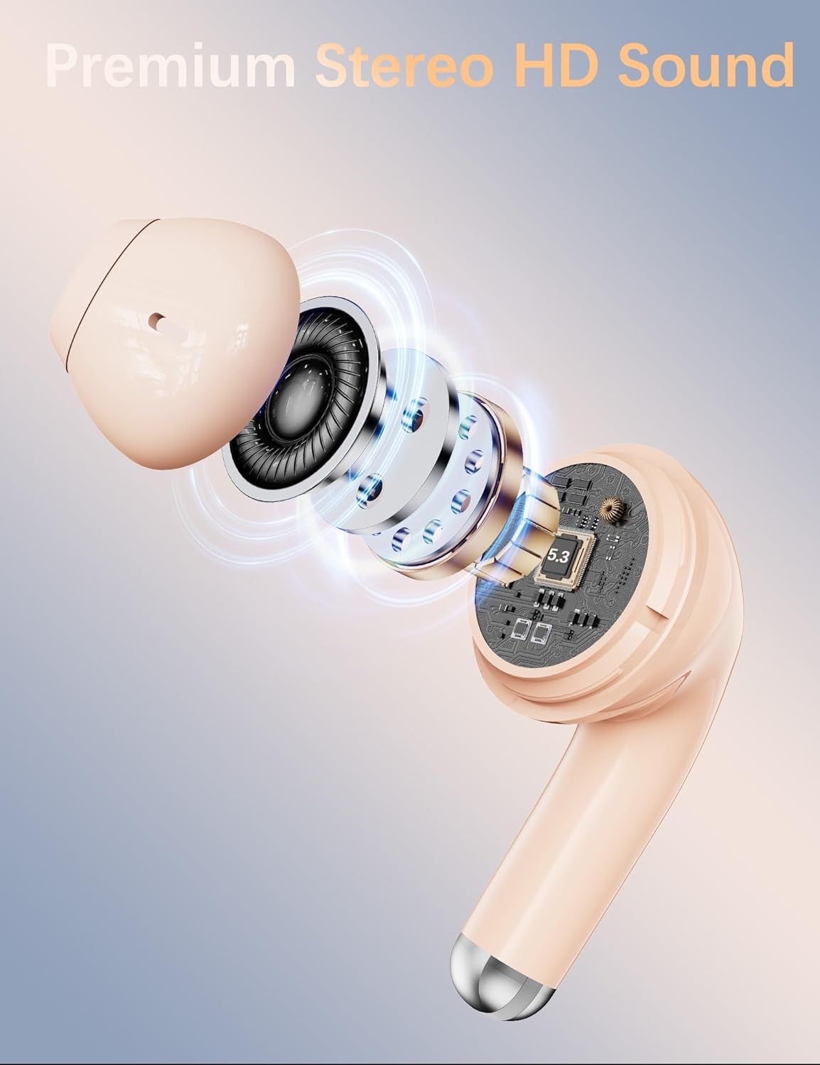 iMangoo 5.3 Bluetooth Headphone Small Ear Bud for Women Girls, All Day Pink