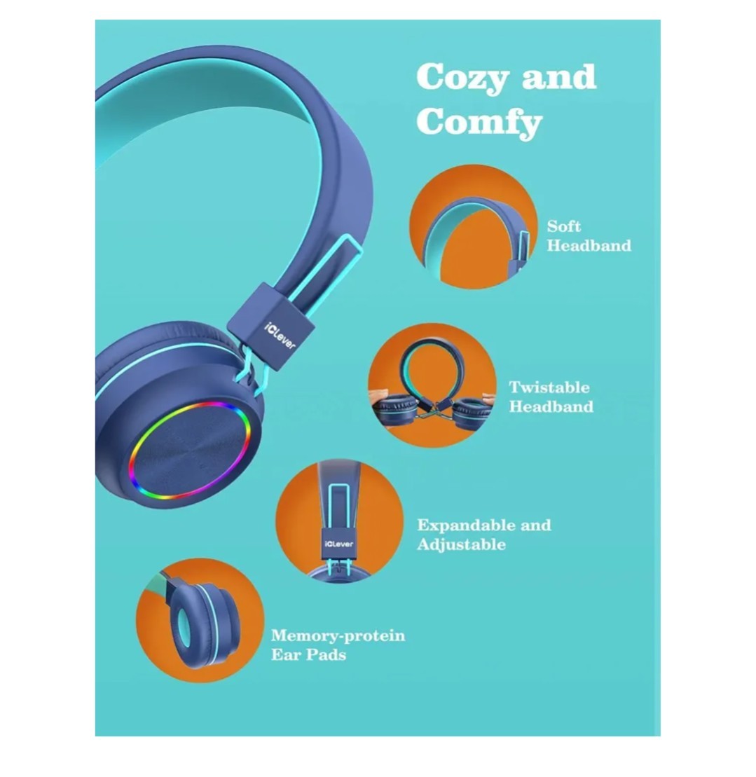 iClever BTH03 Kids Headphones Bluetooth 5.0, Foldable,Colorful LED Lights Stereo