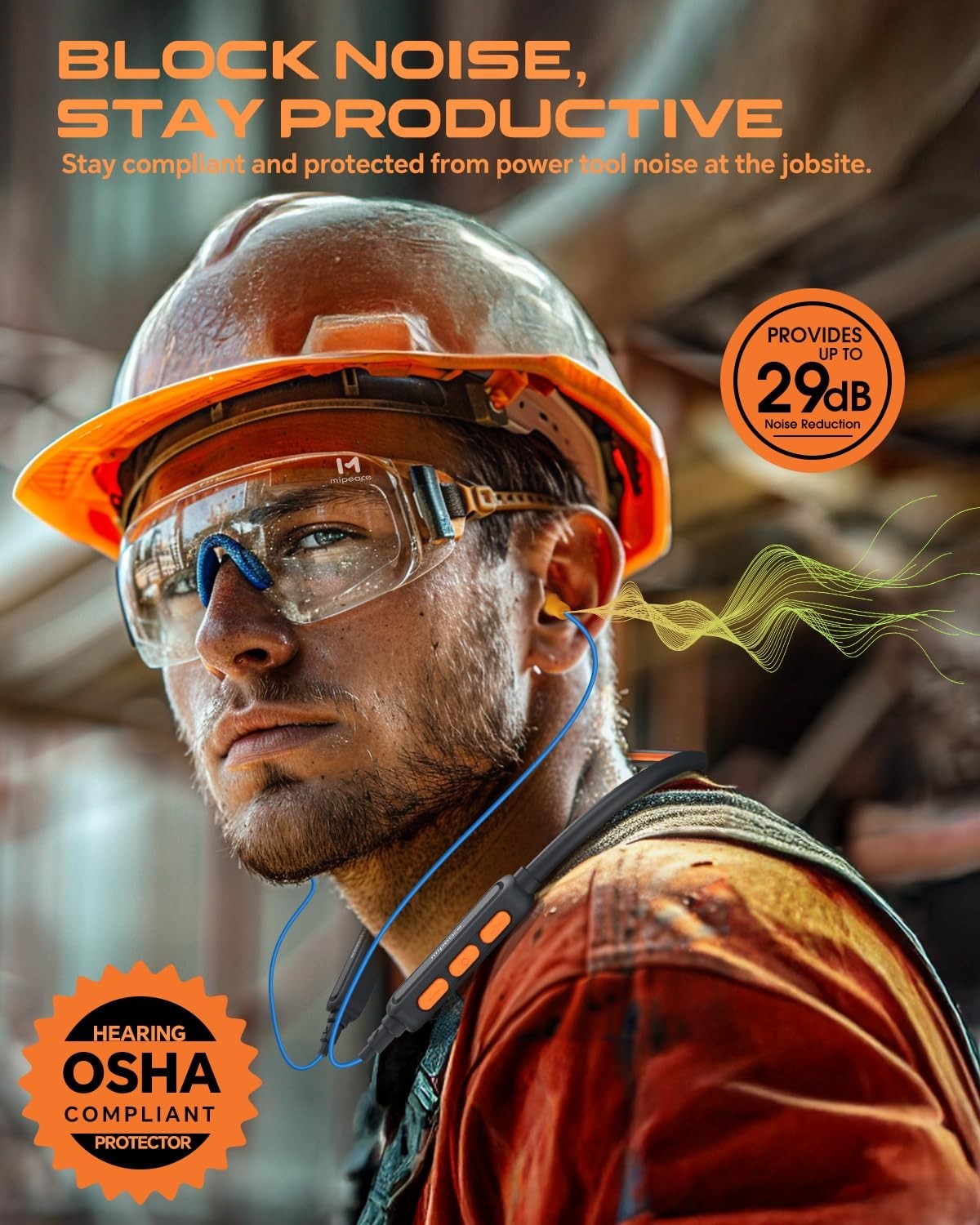 Bluetooth Neckband Work Headphones – OSHA Approved Noise Reduction Earbuds, 20+H