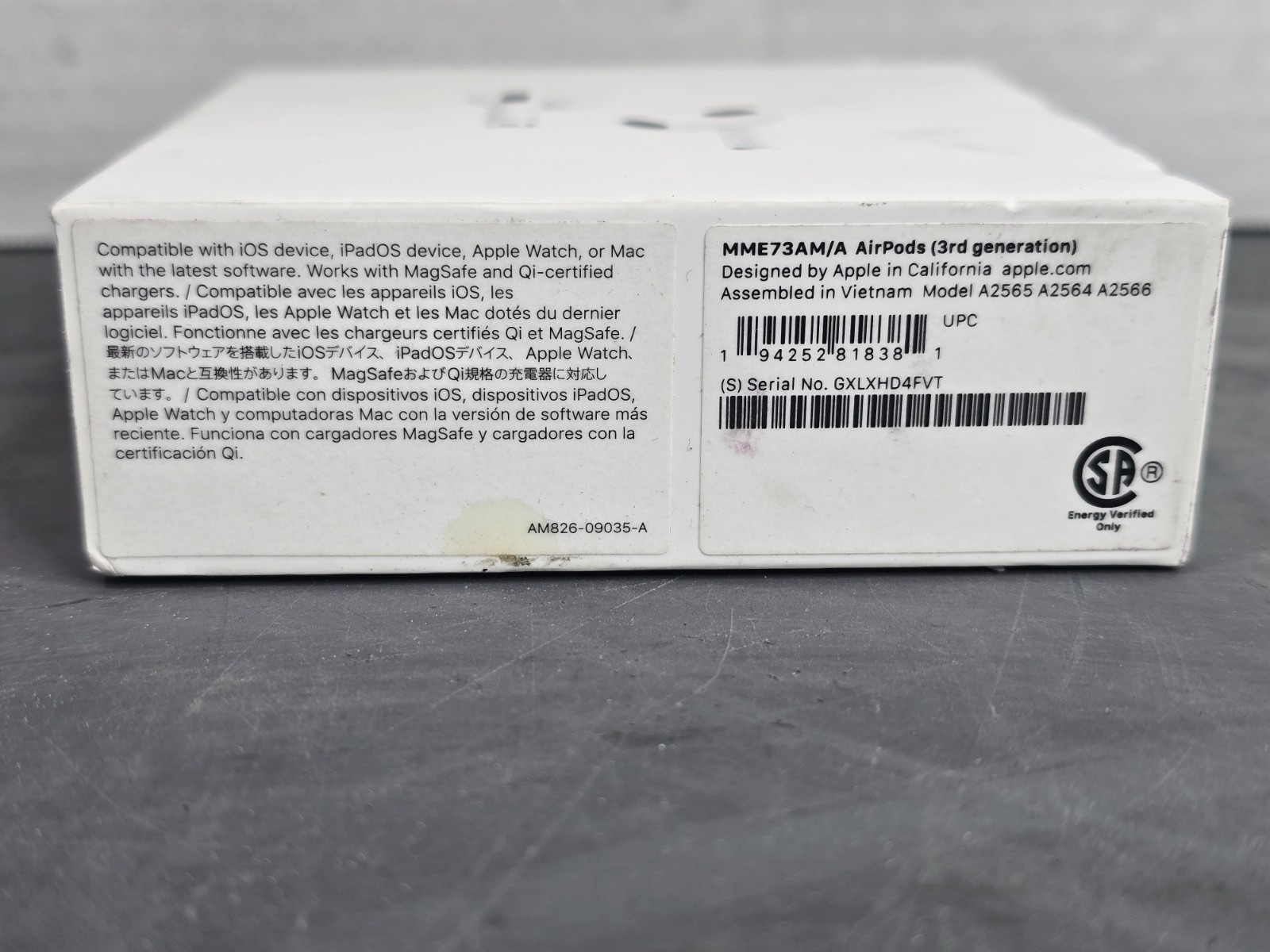 Apple AirPods 3rd generation White Model: MME73AM/A No Lightning Cable