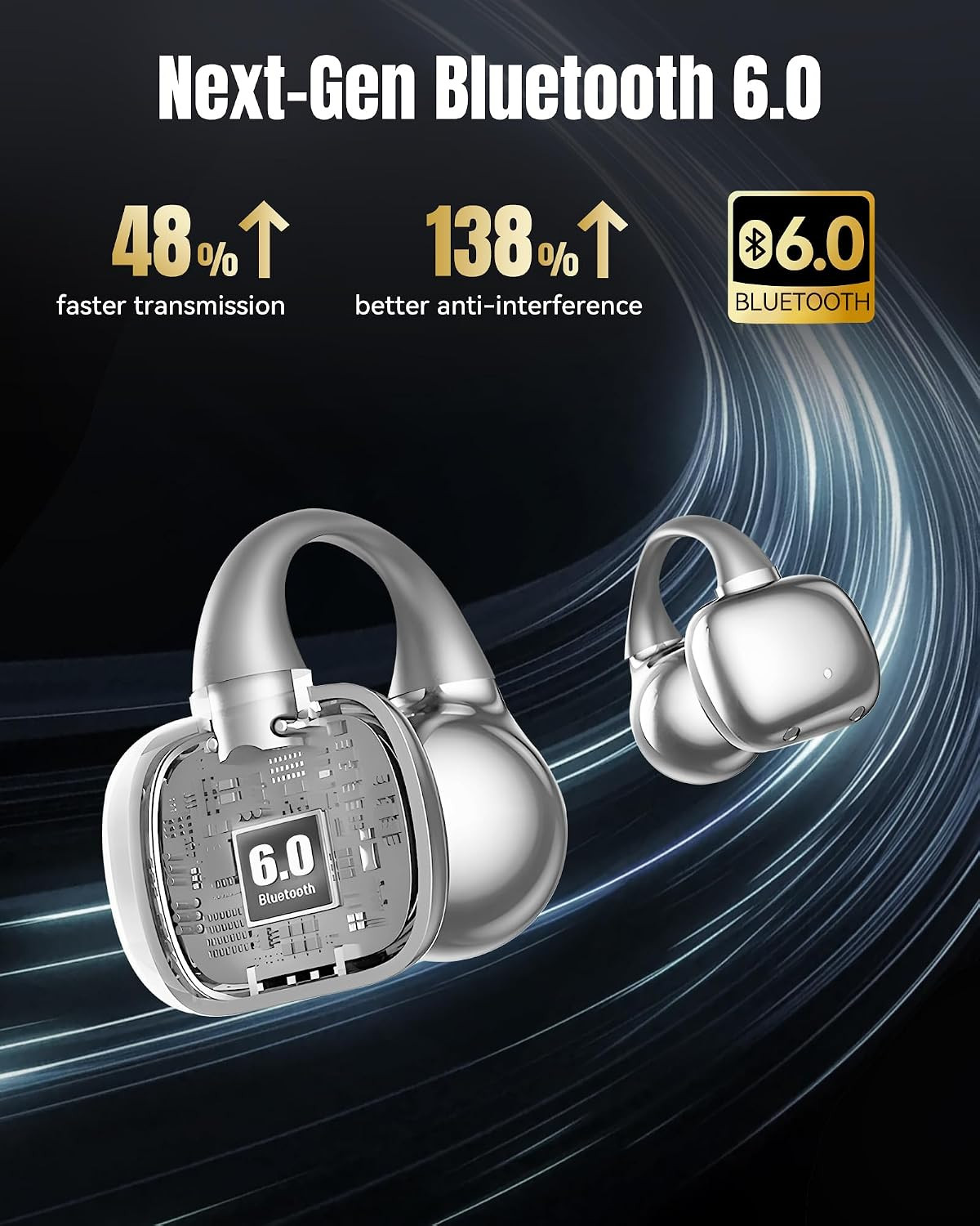 Next-Gen Clip on Earbuds Open Ear Wireless Bluetooth 6.0 Headphones with Mic,50H