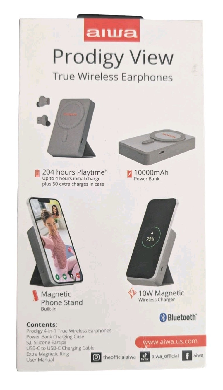 AIWA Prodigy 4-in-1 Wireless Earbuds, 10,000 mgh Powerbank, Phone Stand-Gray