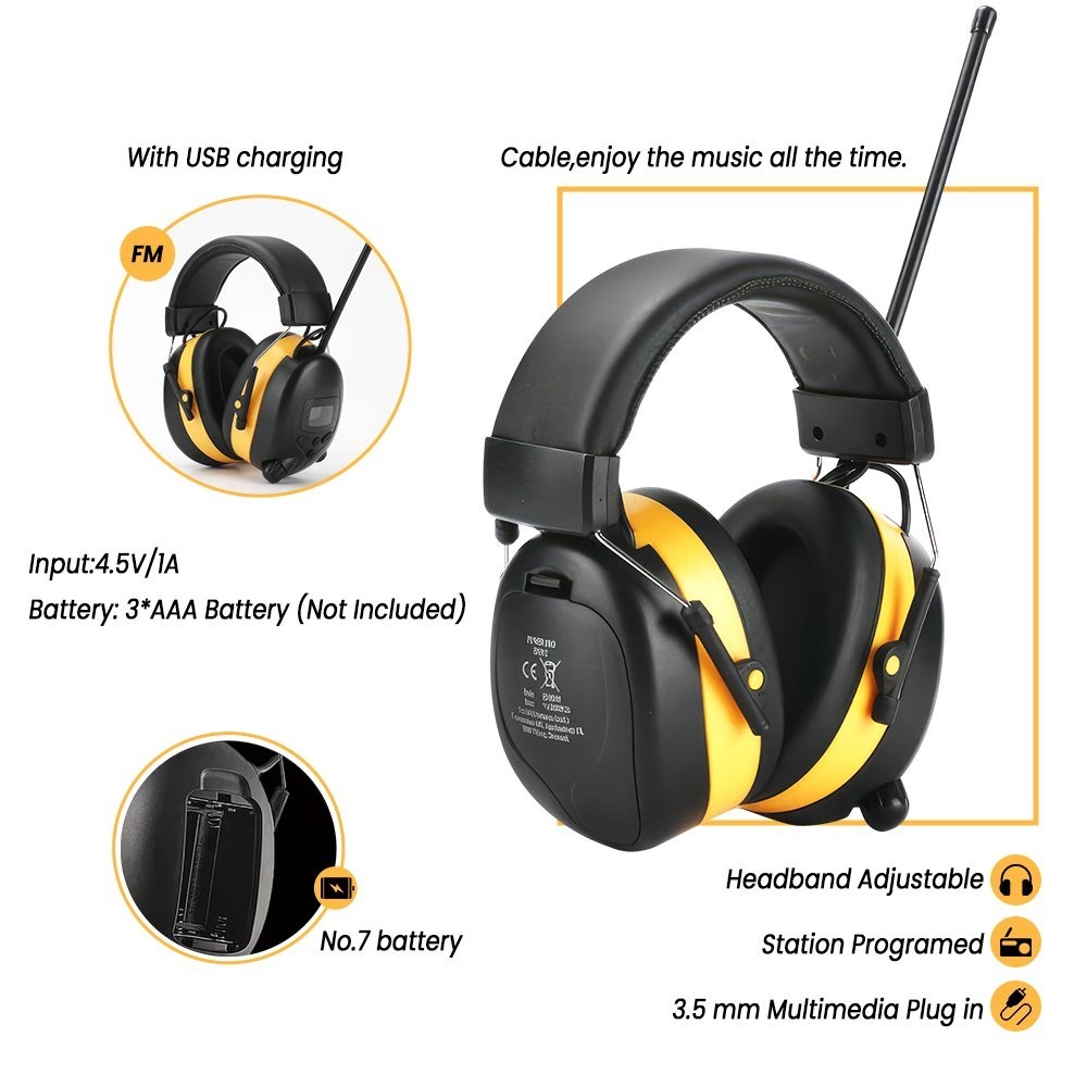 Bluetooth FM Radio Headphones with Digital Display 30Db Hearing Protection Safe