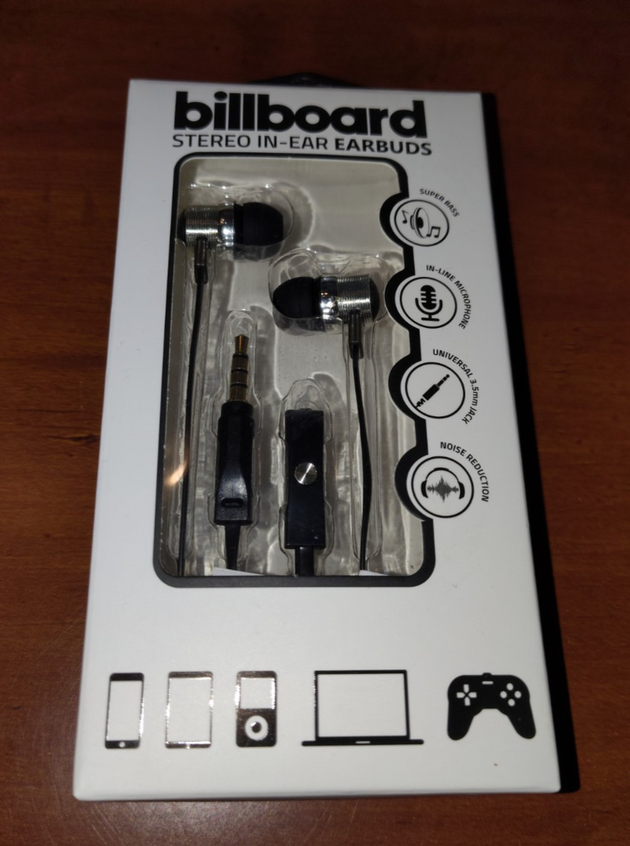 Wired Ear Buds with Microphone, Black and Silver by billboard New in Box