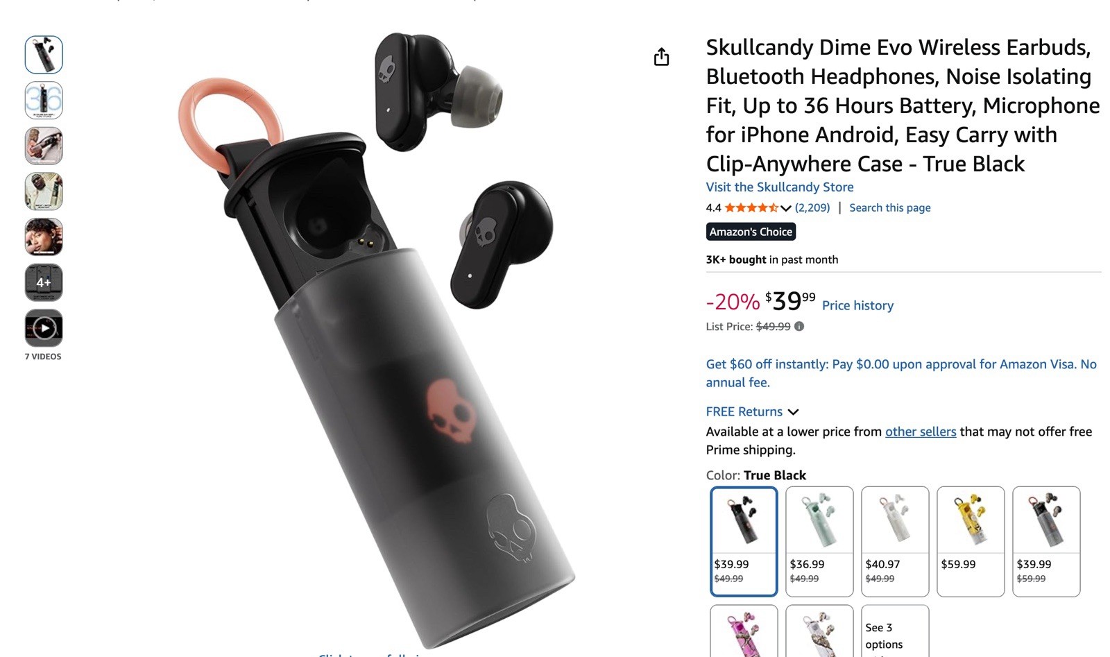 Skullcandy Dime Evo Wireless Bluetooth Earbuds Noise Isolating Mic True Black
